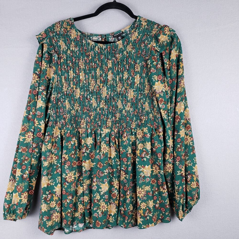 Torrid Size M/L Peplum Crinkle Gauze Smocked Top Green Floral Romantic Fairycore